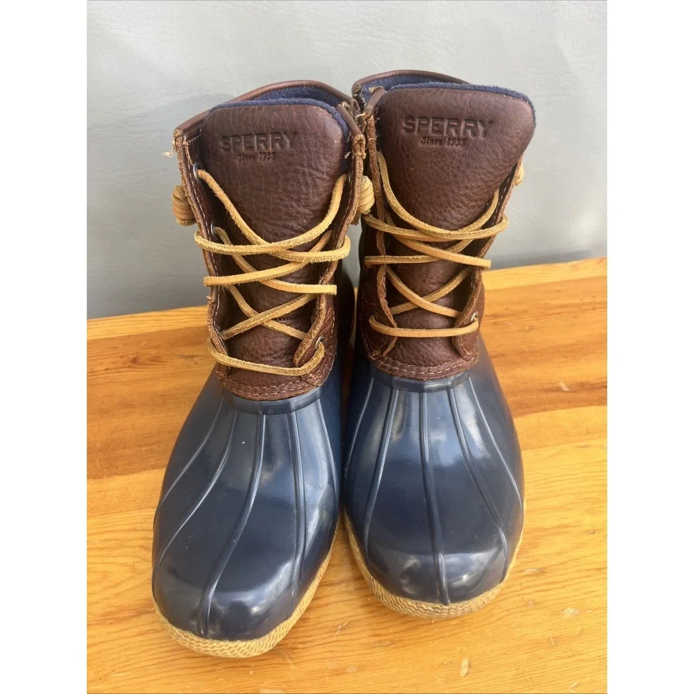 Sperry Topsider Saltwater Duck Boots Womens 7.5 Brown Leather Navy